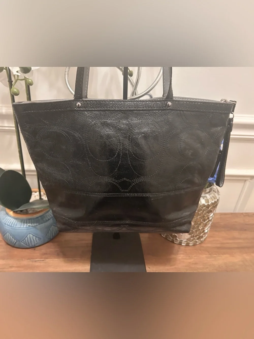 Coach Black Leather Logo Tote with Hangtag - Picture 6 of 13